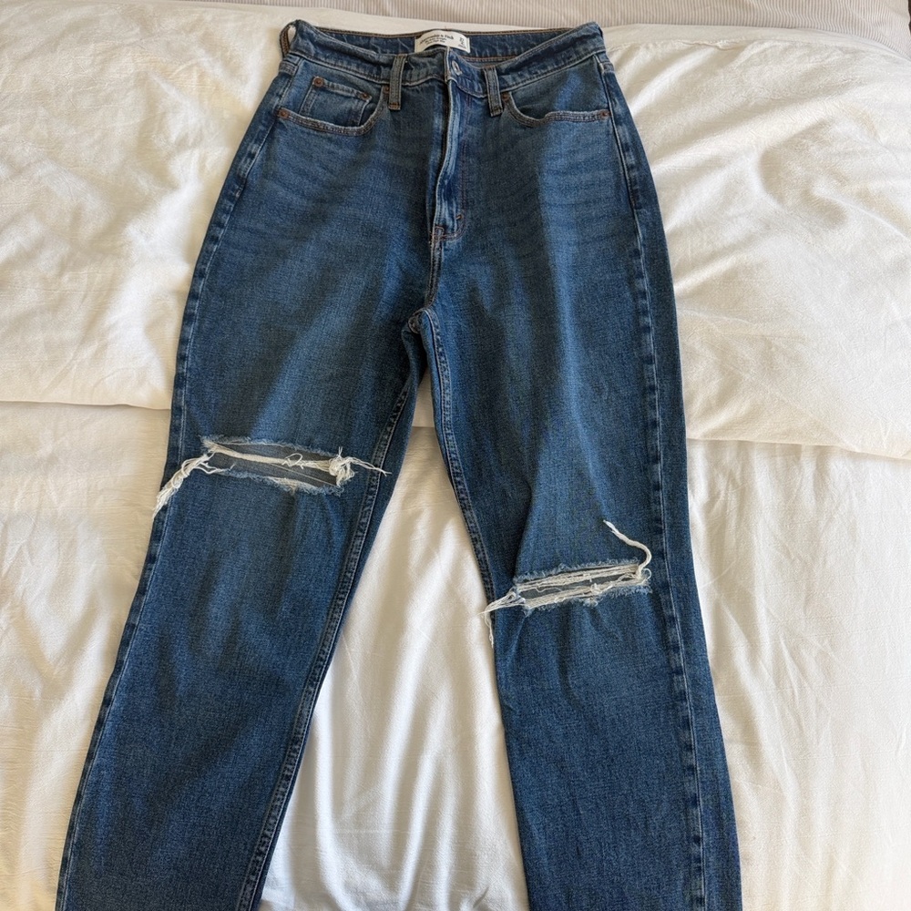 Abercrombie & Fitch Dark Blue Distressed Ankle Straight Ultra High Rise Jeans